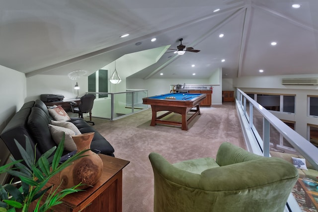 rec room with billiards, ceiling fan, light colored carpet, and an AC wall unit