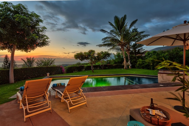 pool at dusk featuring a patio area and a yard