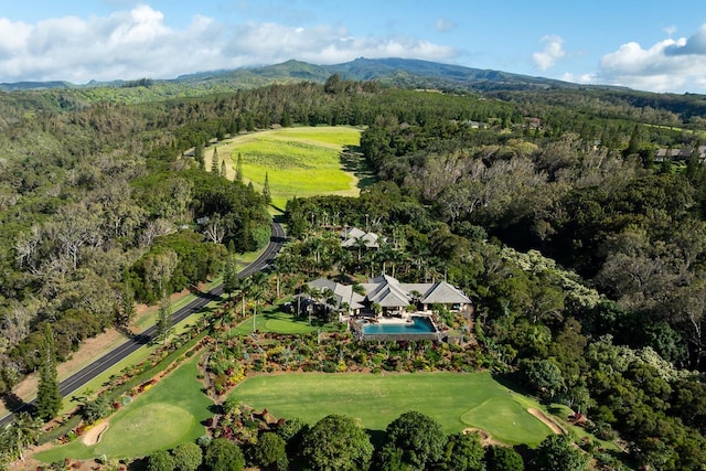 aerial view of property and surrounding area featuring a heavily wooded area and a mountain backdrop