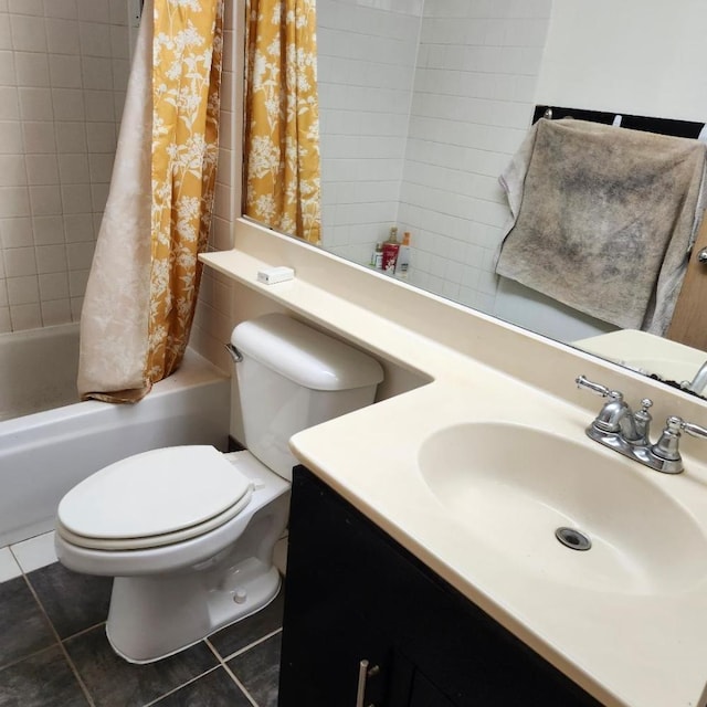 full bathroom featuring vanity, shower / tub combo, toilet, and tile patterned flooring