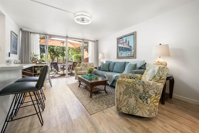 living room with hardwood / wood-style flooring and expansive windows