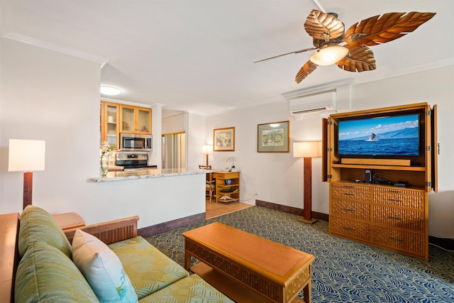 living area featuring ornamental molding, a wall mounted air conditioner, baseboards, and a ceiling fan