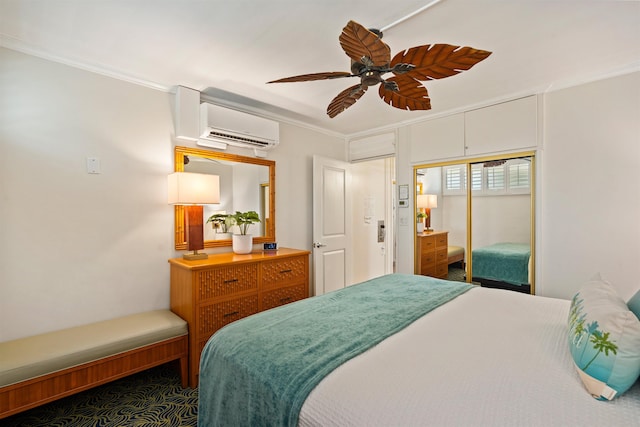 bedroom featuring a closet, an AC wall unit, crown molding, and ceiling fan