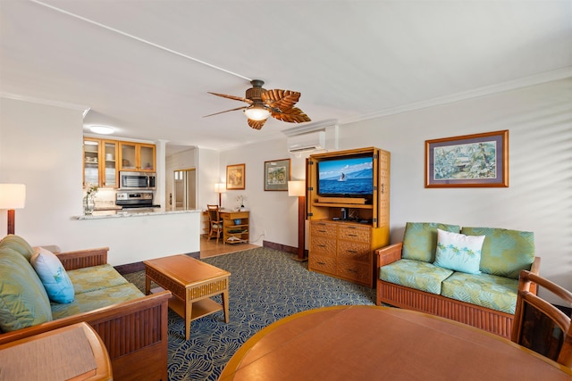 living area featuring a wall unit AC, a ceiling fan, baseboards, dark carpet, and crown molding