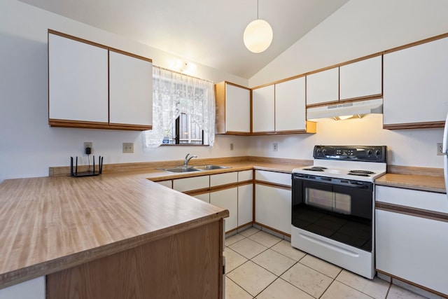 kitchen with pendant lighting, white cabinets, lofted ceiling, sink, and range with electric cooktop