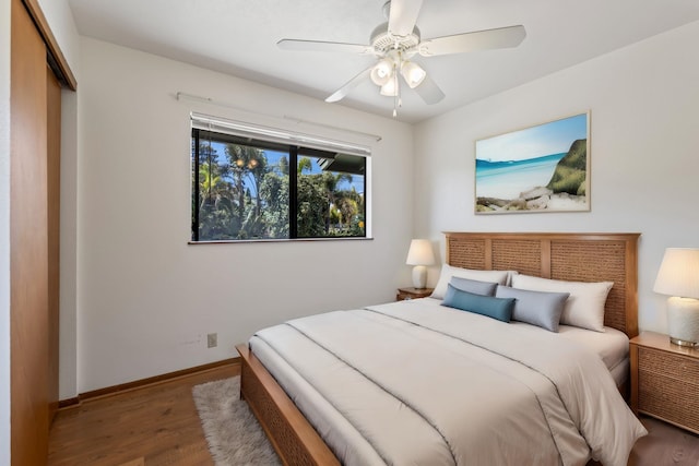 bedroom featuring ceiling fan, a closet, and wood-type flooring