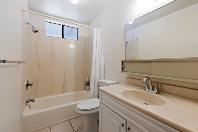 full bathroom featuring toilet, vanity, tile patterned flooring, and shower / bath combo with shower curtain