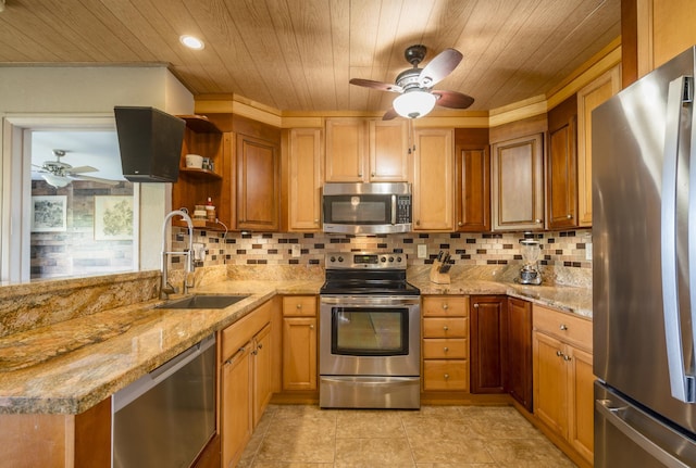 kitchen featuring light stone countertops, sink, backsplash, wooden ceiling, and appliances with stainless steel finishes