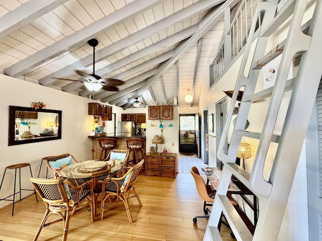 dining room featuring ceiling fan, light hardwood / wood-style floors, lofted ceiling with beams, and wooden ceiling