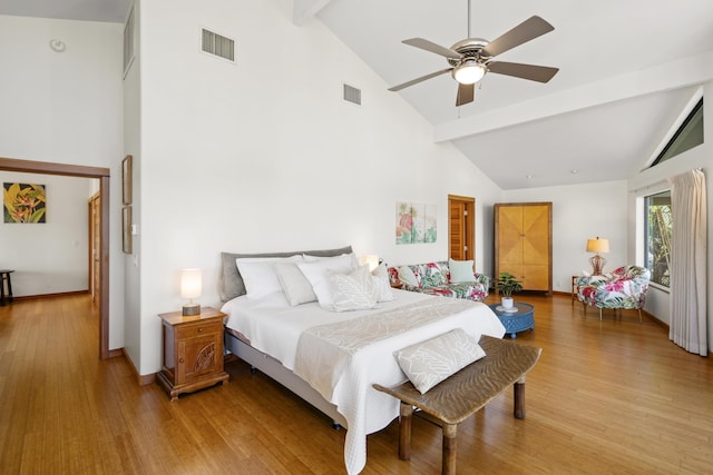 563 Mikioi Pl, Kihei, HI 96753 - bedroom with beam ceiling, high vaulted ceiling, light wood-style floors, and ceiling fan