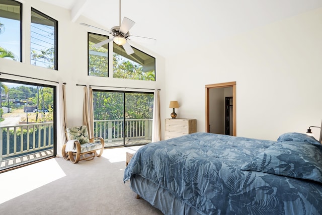 563 Mikioi Pl, Kihei, HI 96753 - bedroom with high vaulted ceiling, access to exterior, carpet, and beamed ceiling