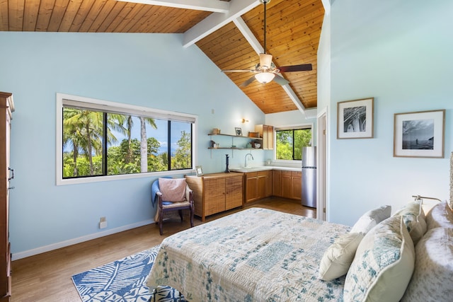 563 Mikioi Pl, Kihei, HI 96753 - bedroom with freestanding refrigerator, light wood-type flooring, a wooden ceiling with exposed beams, and high vaulted ceiling