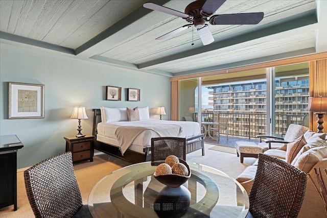 carpeted bedroom featuring access to exterior, beam ceiling, ceiling fan, and wood ceiling