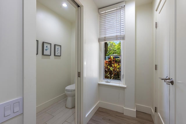 bathroom with hardwood / wood-style floors and toilet