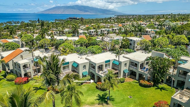 drone / aerial view with a water and mountain view