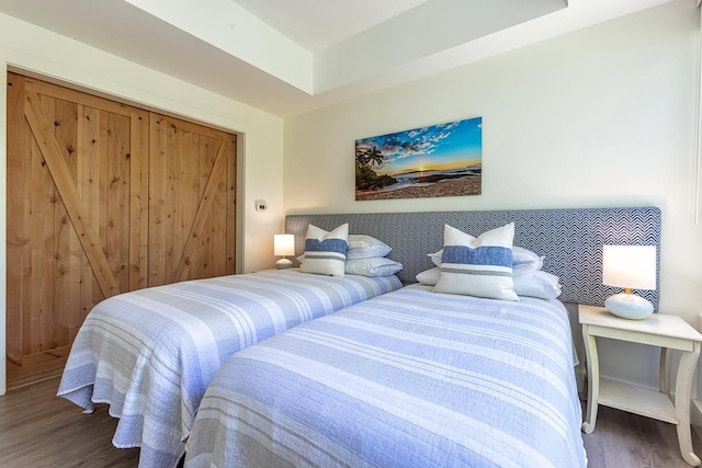 bedroom featuring a raised ceiling and dark wood-type flooring