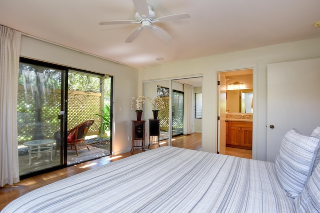 bedroom with ceiling fan, connected bathroom, light hardwood / wood-style floors, access to outside, and a closet