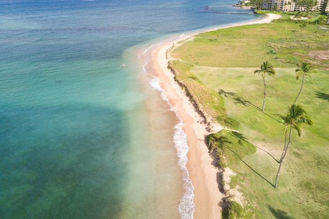 bird's eye view with a water view and a beach view