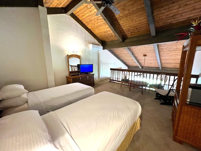 carpeted bedroom with lofted ceiling with beams, wood ceiling, and a wall mounted AC