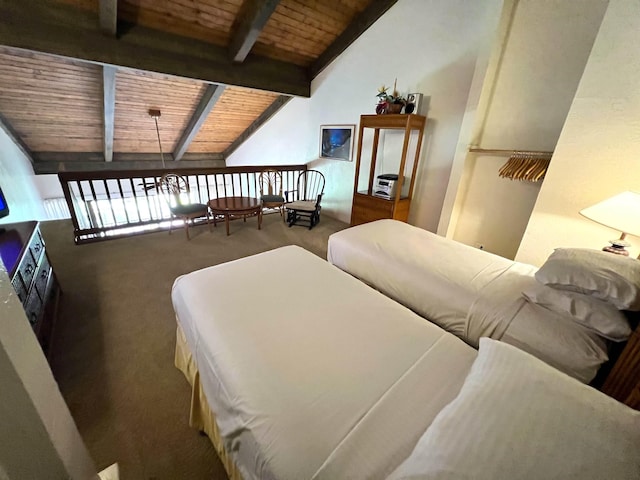 carpeted bedroom featuring wood ceiling and vaulted ceiling with beams