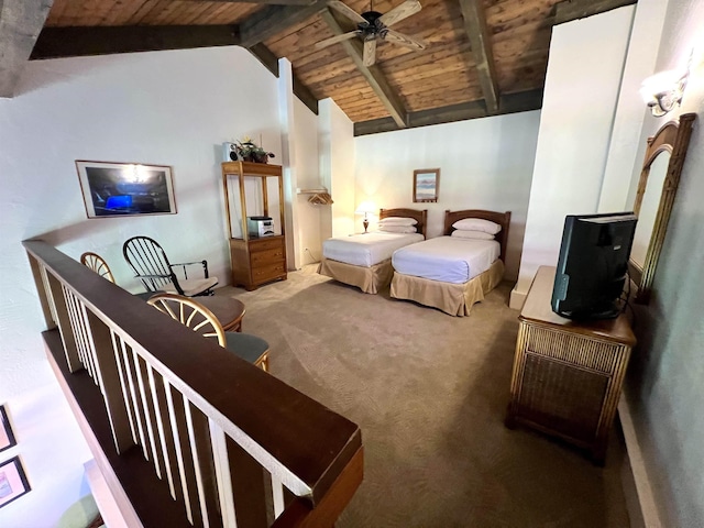 bedroom with carpet flooring, wood ceiling, and lofted ceiling with beams