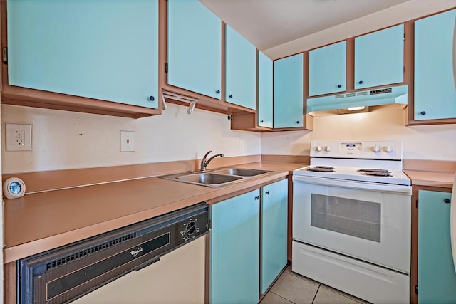 kitchen with dishwasher, sink, light tile patterned floors, blue cabinets, and white electric stove