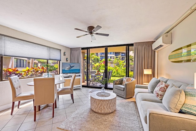 tiled living room with ceiling fan and a wall mounted AC