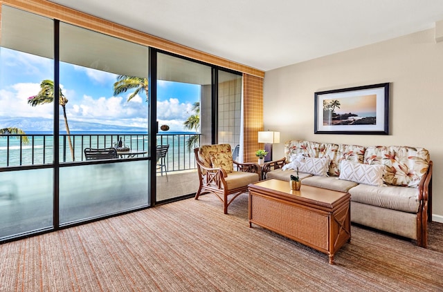 living room with a healthy amount of sunlight, light carpet, a water view, and floor to ceiling windows