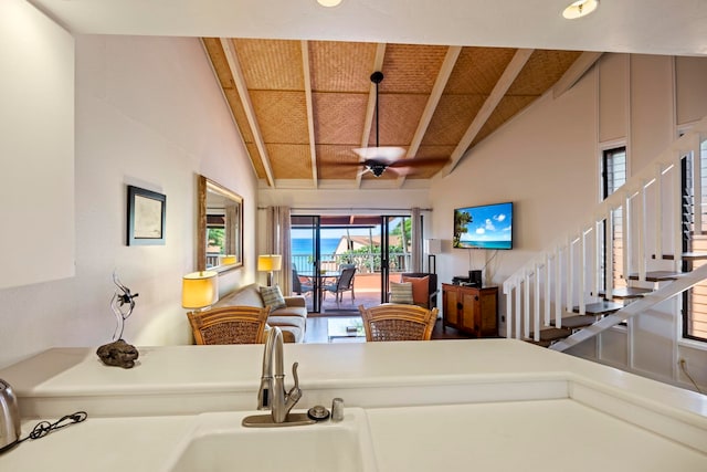 kitchen with sink, wooden ceiling, and lofted ceiling with beams