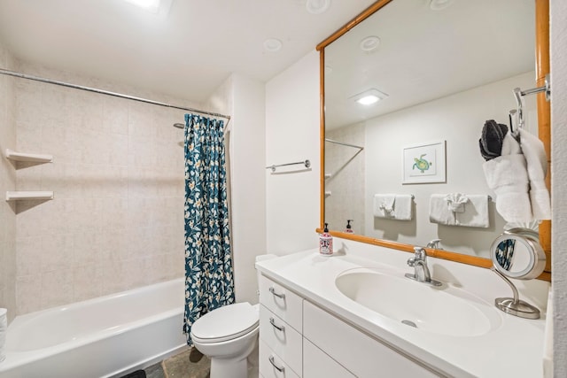 full bathroom with toilet, shower / bath combination with curtain, and vanity