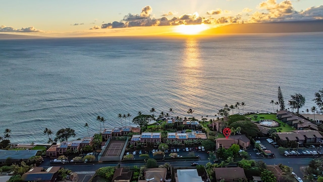 aerial view at dusk with a water view