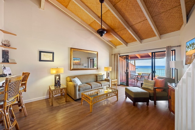 living room with high vaulted ceiling, beamed ceiling, dark hardwood / wood-style flooring, and a water view