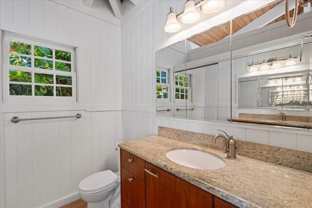 3217 Luahine Pl, Haiku, HI 96708 - bathroom featuring toilet, vanity, a decorative wall, vaulted ceiling, and healthy amount of natural light