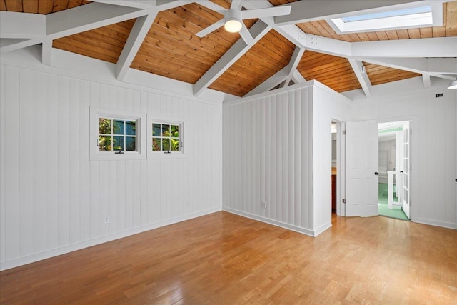 3217 Luahine Pl, Haiku, HI 96708 - unfurnished room with light wood-type flooring, a skylight, ceiling fan, and wood ceiling