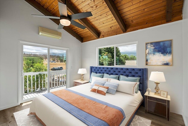 402 Auhana Rd, Kihei, HI 96753 - bedroom featuring wooden ceiling, access to exterior, a wall mounted air conditioner, multiple windows, and wood finished floors