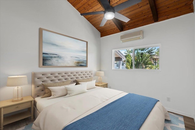 402 Auhana Rd, Kihei, HI 96753 - bedroom featuring an AC wall unit, wood ceiling, wood finished floors, and ceiling fan