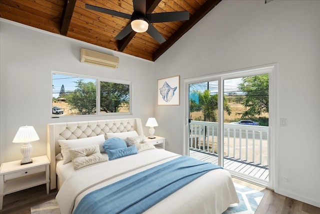 402 Auhana Rd, Kihei, HI 96753 - bedroom with a wall mounted air conditioner, a wooden ceiling with exposed beams, access to outside, wood finished floors, and high vaulted ceiling