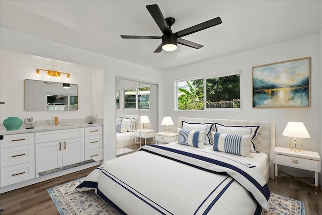 402 Auhana Rd, Kihei, HI 96753 - bedroom with dark wood-style floors and ceiling fan
