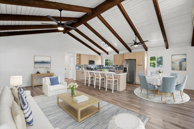 402 Auhana Rd, Kihei, HI 96753 - living room with a ceiling fan, light wood-type flooring, a wood ceiling with exposed beams, and high vaulted ceiling