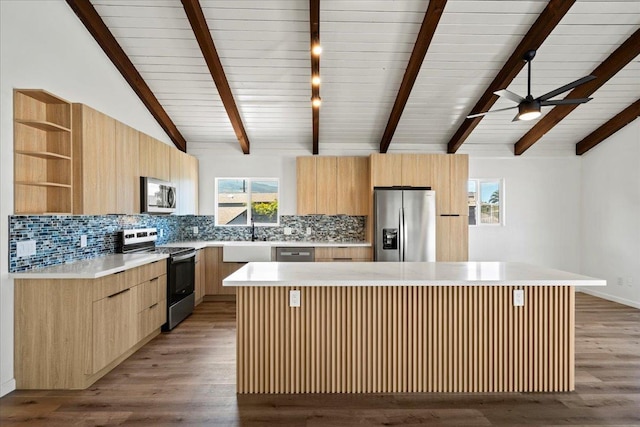 402 Auhana Rd, Kihei, HI 96753 - kitchen with stainless steel appliances, light brown cabinetry, modern cabinets, open shelves, and wood ceiling