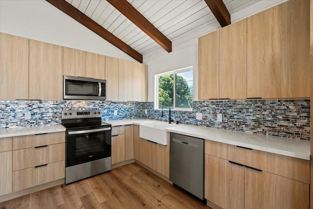 402 Auhana Rd, Kihei, HI 96753 - kitchen featuring stainless steel appliances, light brown cabinets, modern cabinets, light countertops, and wooden ceiling