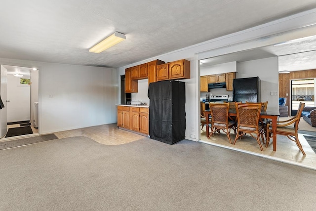 119 Kupalaiki Loop, Kihei, HI 96753 - kitchen with range hood, brown cabinetry, a sink, freestanding refrigerator, and light colored carpet