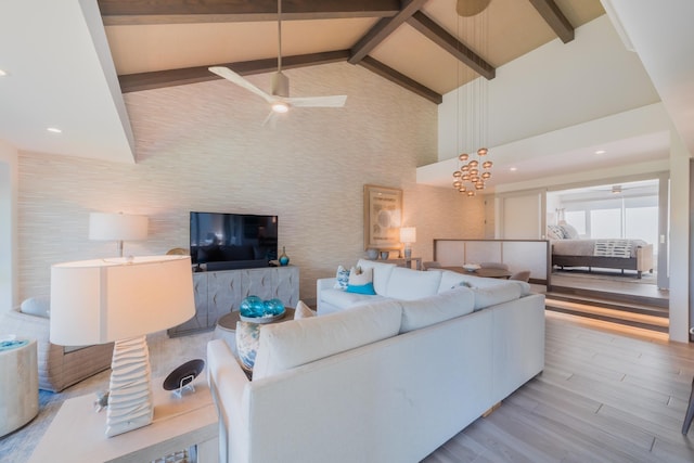 3200 Wailea Alanui Dr Unit 1606, Kihei, HI 96753 - living area with a ceiling fan, beamed ceiling, wood finished floors, and high vaulted ceiling