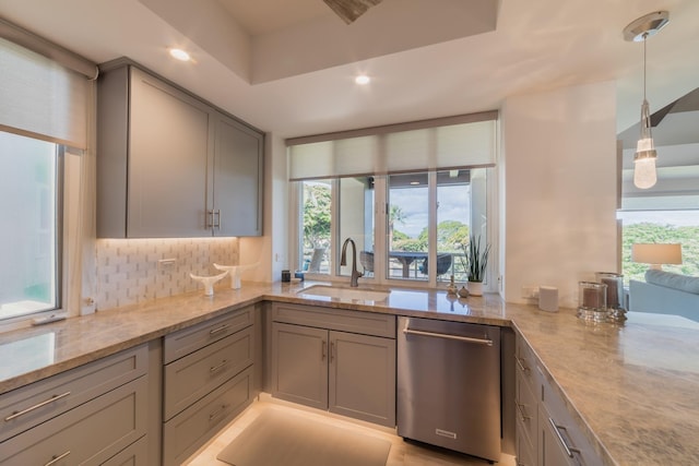 3200 Wailea Alanui Dr Unit 1606, Kihei, HI 96753 - kitchen featuring stainless steel dishwasher, gray cabinets, light stone countertops, backsplash, and recessed lighting