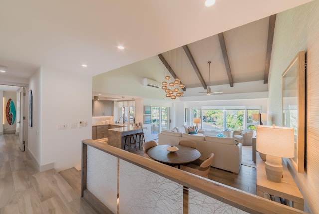 3200 Wailea Alanui Dr Unit 1606, Kihei, HI 96753 - hall featuring light wood-style floors, a wall mounted air conditioner, high vaulted ceiling, beamed ceiling, and recessed lighting