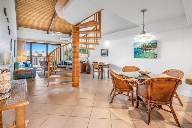 dining room with an AC wall unit, ceiling fan, light tile patterned floors, and wood ceiling