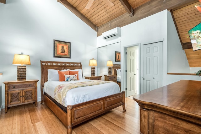 bedroom with high vaulted ceiling, light wood-type flooring, beam ceiling, wood ceiling, and a wall unit AC