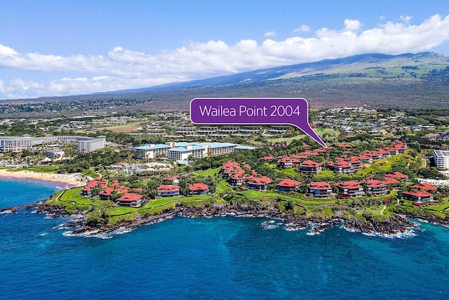 birds eye view of property with a water and mountain view