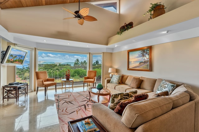 living room featuring wood ceiling, high vaulted ceiling, ceiling fan, and tile flooring