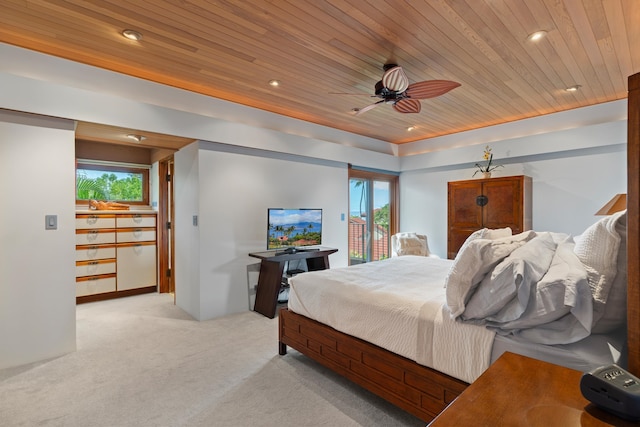 carpeted bedroom with wood ceiling, ceiling fan, and multiple windows